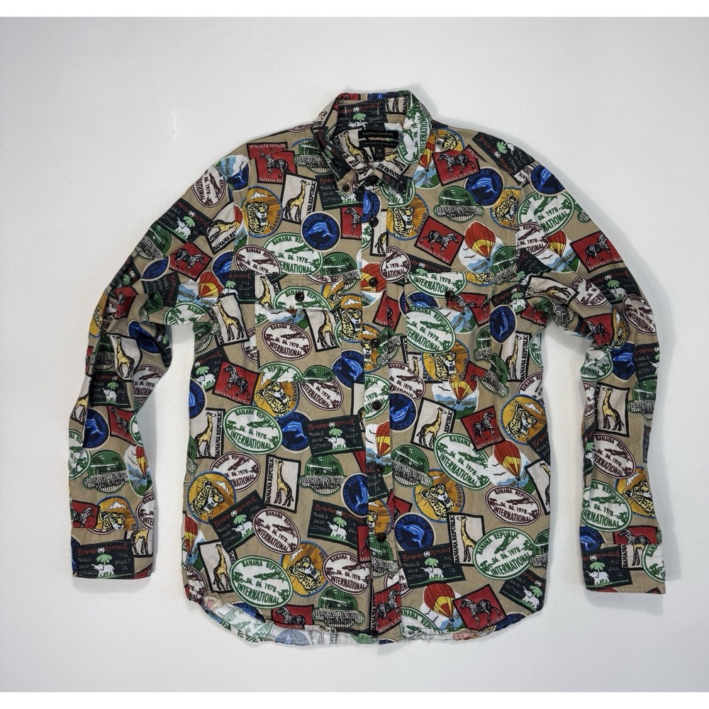 Banana Republic Untucked Linen Safari Stamp Patch Graphic Shirt Mens Medium